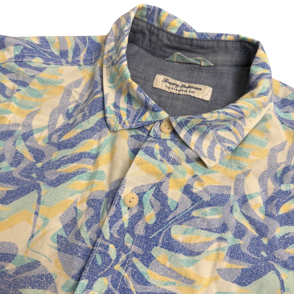 Tommy Bahama The Veracruz Cay Mens Blue Yellow Tropical Leaf Viscose Shirt L
